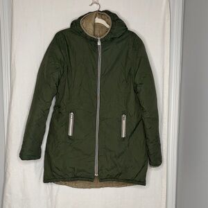 Vintage K-Way Olive Green Tan Reversible Hooded Jacket with Silver Zipper Pull
